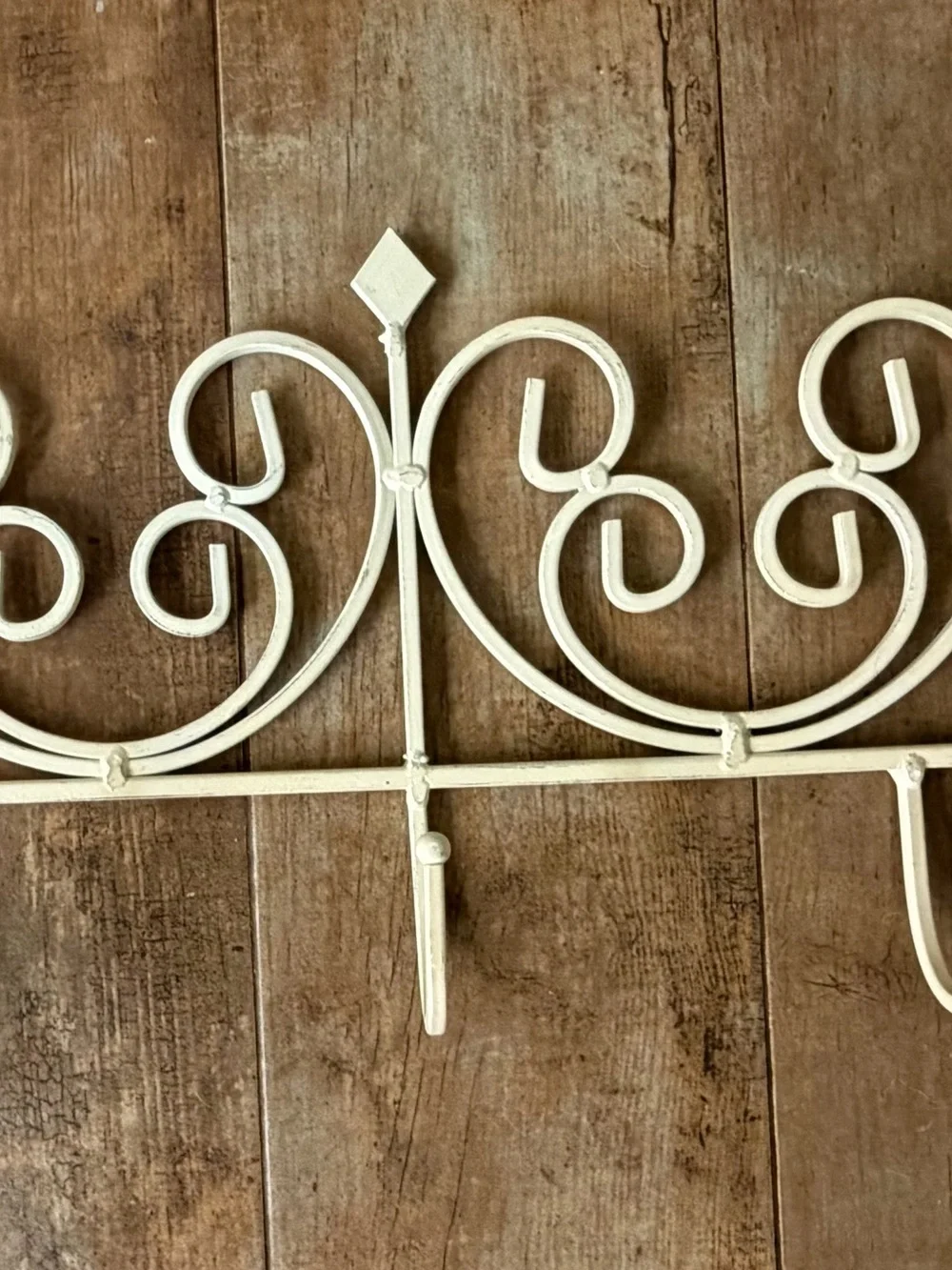 Cream Metal Wall Hook Rack with Decorative Scrolls Vintage